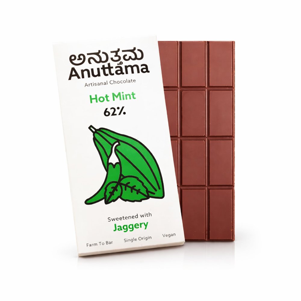 ANUTTAMA Dark Chocolate (50g) | 62% Cocoa | Green chilli and Mint | Natural Jaggery Sweetened | Natural Chocolate Bar | Handmade Chocolate | No Artificial Flavours & Colors | Chocolate for Gift