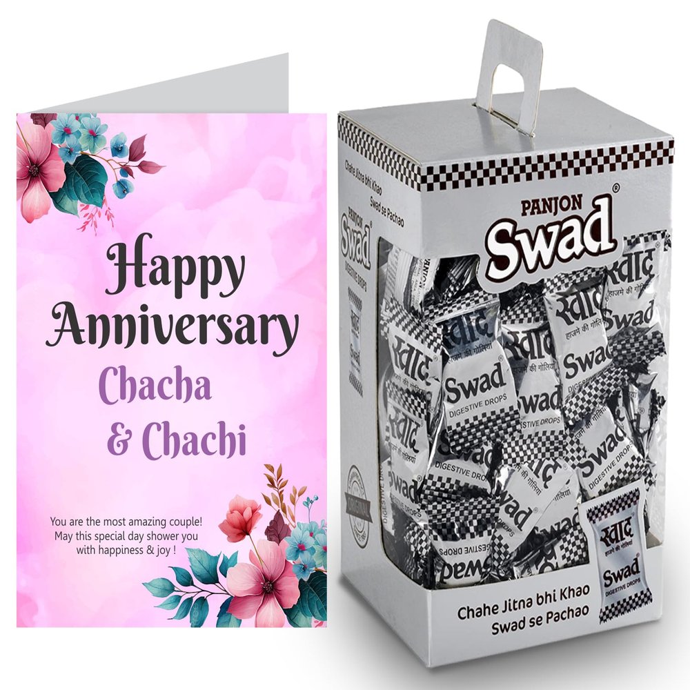 Swad Happy Anniversary Chacha Chachi Gift with Card (Swad Digestive Candy 125 Gift Box & 1 Greeting card)