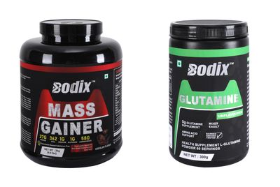 BODIX Mass Gainer, 2 Kg Chocolate with 300g Glutamine Unfalvoured Free | Easy Mixing, Low Carbs, Easy Digesting Whey Protein Supplement Powder (Combo Pack)