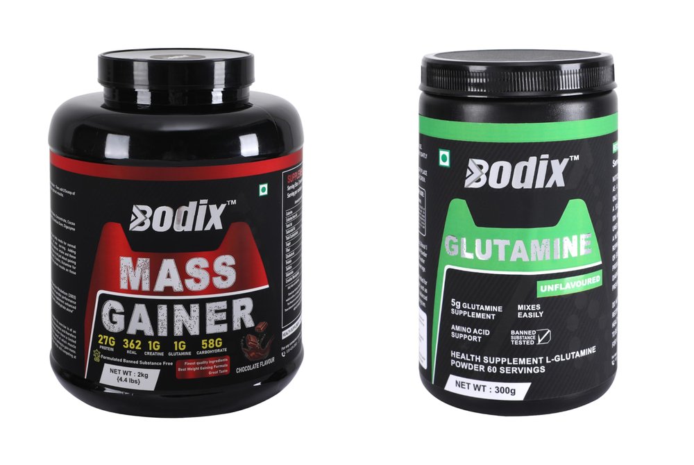 BODIX Mass Gainer, 2 Kg Chocolate with 300g Glutamine Unfalvoured Free | Easy Mixing, Low Carbs, Easy Digesting Whey Protein Supplement Powder (Combo Pack)