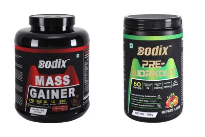 BODIX Mass Gainer, 2 Kg Chocolate with 300g Preworkout Mix Fruit | Easy Mixing, Low Carbs, Easy Digesting Whey Protein Supplement Powder (Combo Pack)