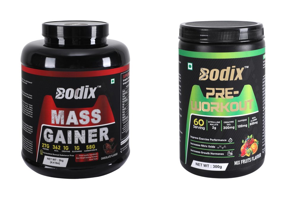 BODIX Mass Gainer, 2 Kg Chocolate with 300g Preworkout Mix Fruit | Easy Mixing, Low Carbs, Easy Digesting Whey Protein Supplement Powder (Combo Pack)
