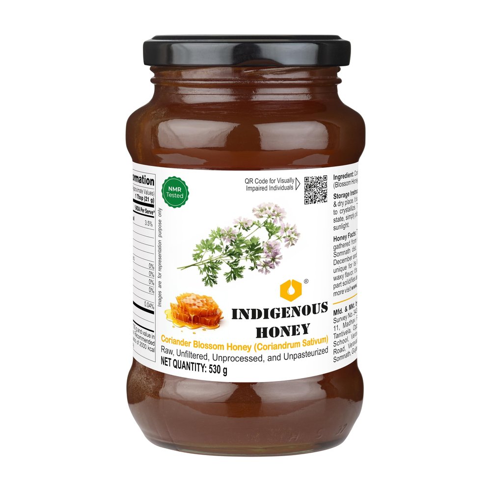 INDIGENOUS HONEY Coriander Honey Raw Organic Natural Pure Unprocessed NMR Tested Unpasteurized Unheated 530g Glass Jar Pack of 1