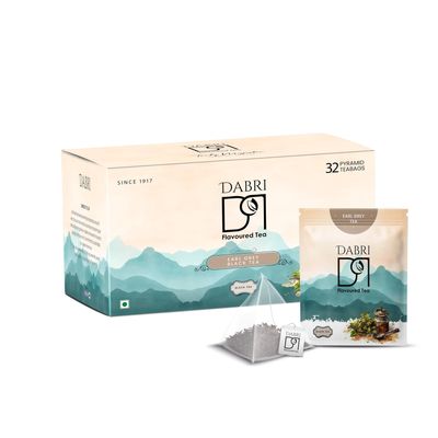 Dabri Earl Grey Black Tea 32 Pyramid Dip Tea Bags|Premium Black Tea With Pure Natural Bergamot Extract|Refreshing and Hydrating|No Preservatives |Garden to Cup (32 Pyramid Bags)