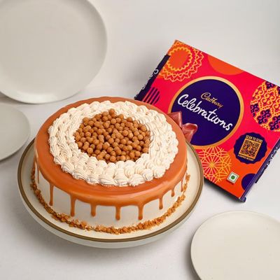 FlowerAura Delicious Silky Smooth Fresh 500g Butterscotch Cake With Chocolates Celebrations Pack For Valentine's Day Gift, Birthday Gift, Anniversary Gift & Mother's Day Gift (Same Day Delivery)