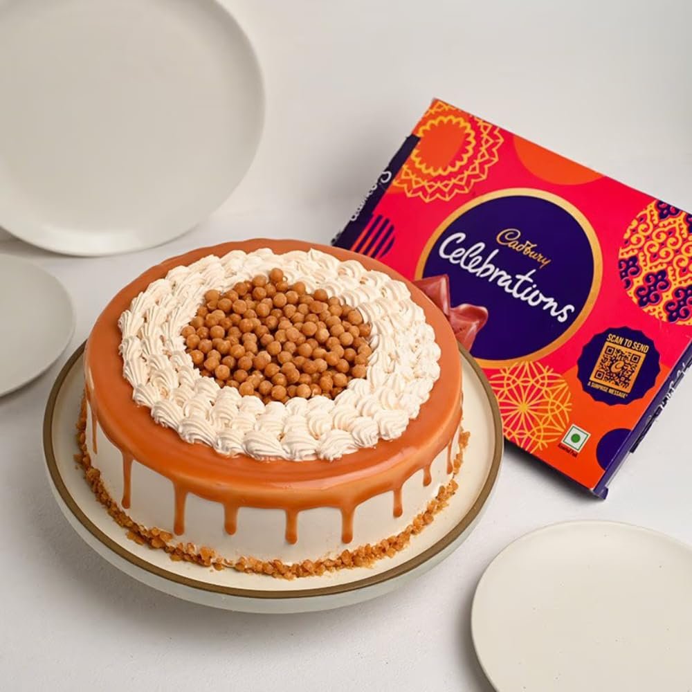 FlowerAura Delicious Silky Smooth Fresh 500g Butterscotch Cake With Chocolates Celebrations Pack For Valentine's Day Gift, Birthday Gift, Anniversary Gift & Mother's Day Gift (Same Day Delivery)