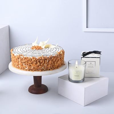 FlowerAura Delicious Silky Smooth Fresh 500g Butterscotch Cake With Flavourful Glass Candle For Valentine's Day Gift, Birthday Gift, Anniversary Gift & Mother's Day Gift (Same Day Delivery)