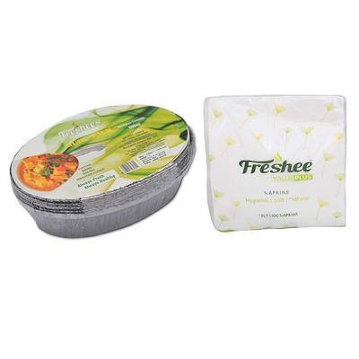 Freshee 10 pcs Aluminium Silver Foil Container 600ml with 100 Sheets of 1ply Tissue Paper Sheets