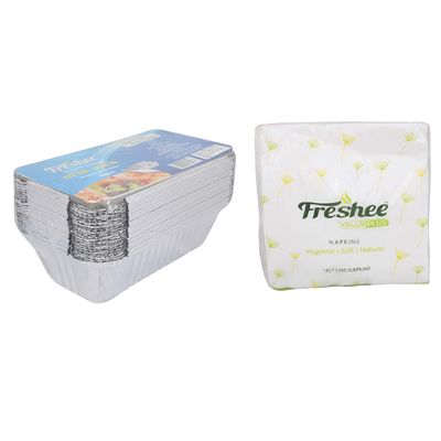 Freshee 25 pcs Aluminium Silver Foil Container 660ml with 100 Sheets of 1ply Tissue Paper Sheets