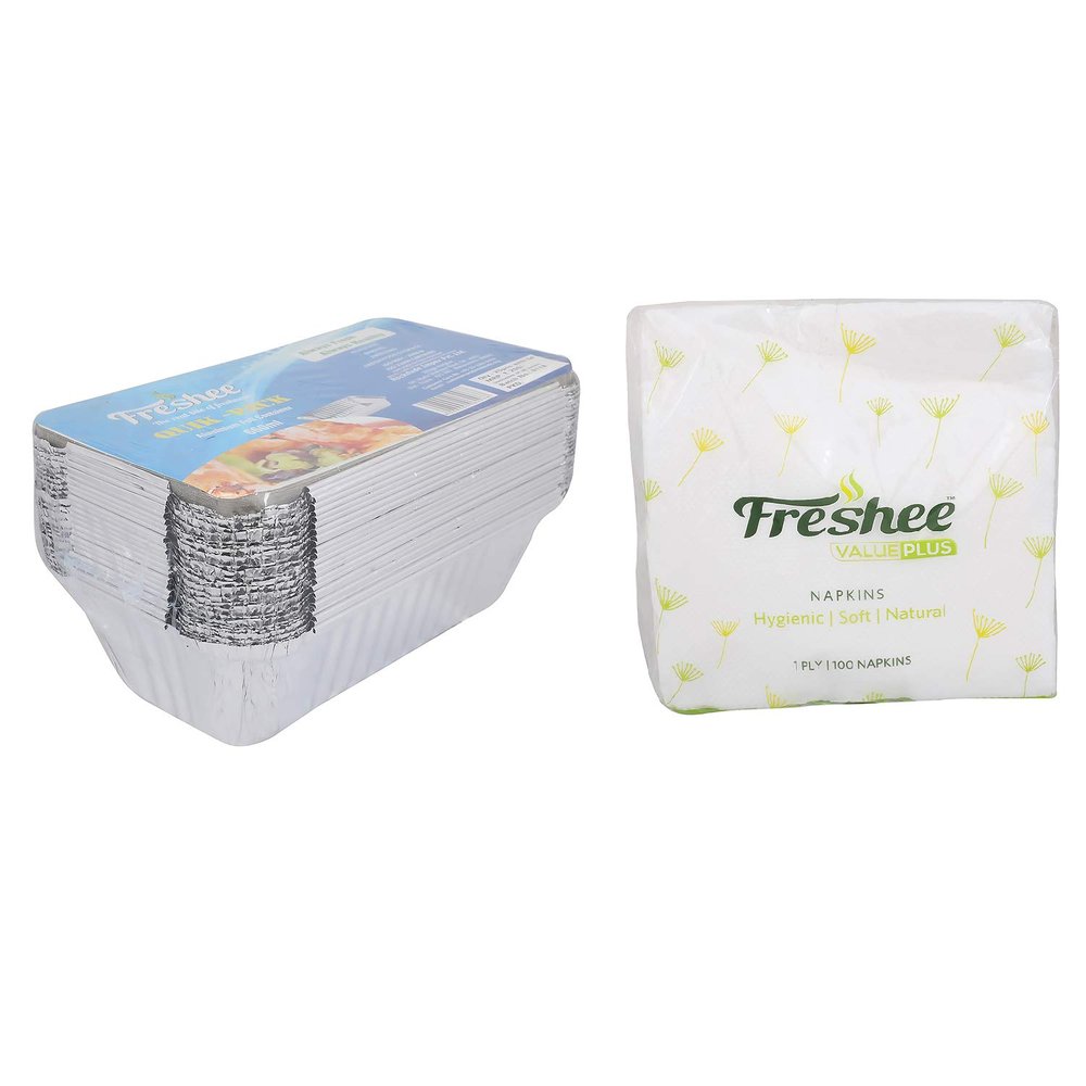 Freshee 25 pcs Aluminium Silver Foil Container 660ml with 100 Sheets of 1ply Tissue Paper Sheets