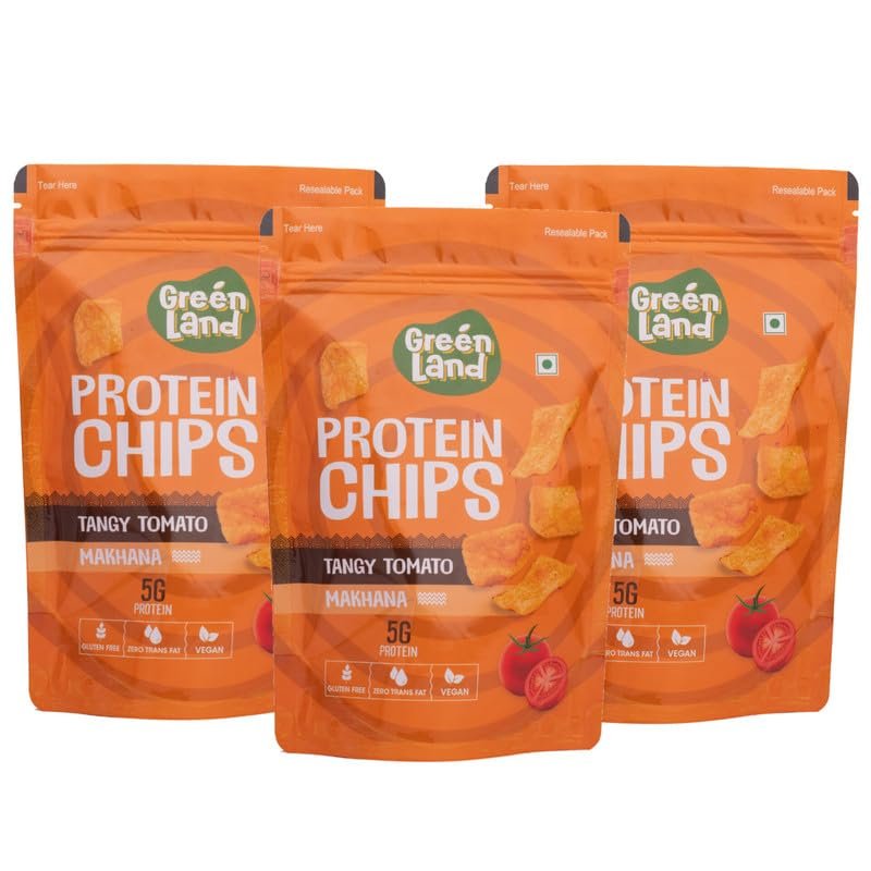 GREENLAND Protein Chips (Pack of 3, 80g Each) Healthy Snacks | Gluten Free | Rich in Protein | Zero Trans Fat | Flavor: Tango Tomato