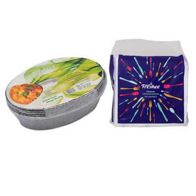 Freshee 600ml 10pcs Aluminium Foil Containers with Luncheon 1 Ply Tissue Paper Napkin 100 pulls