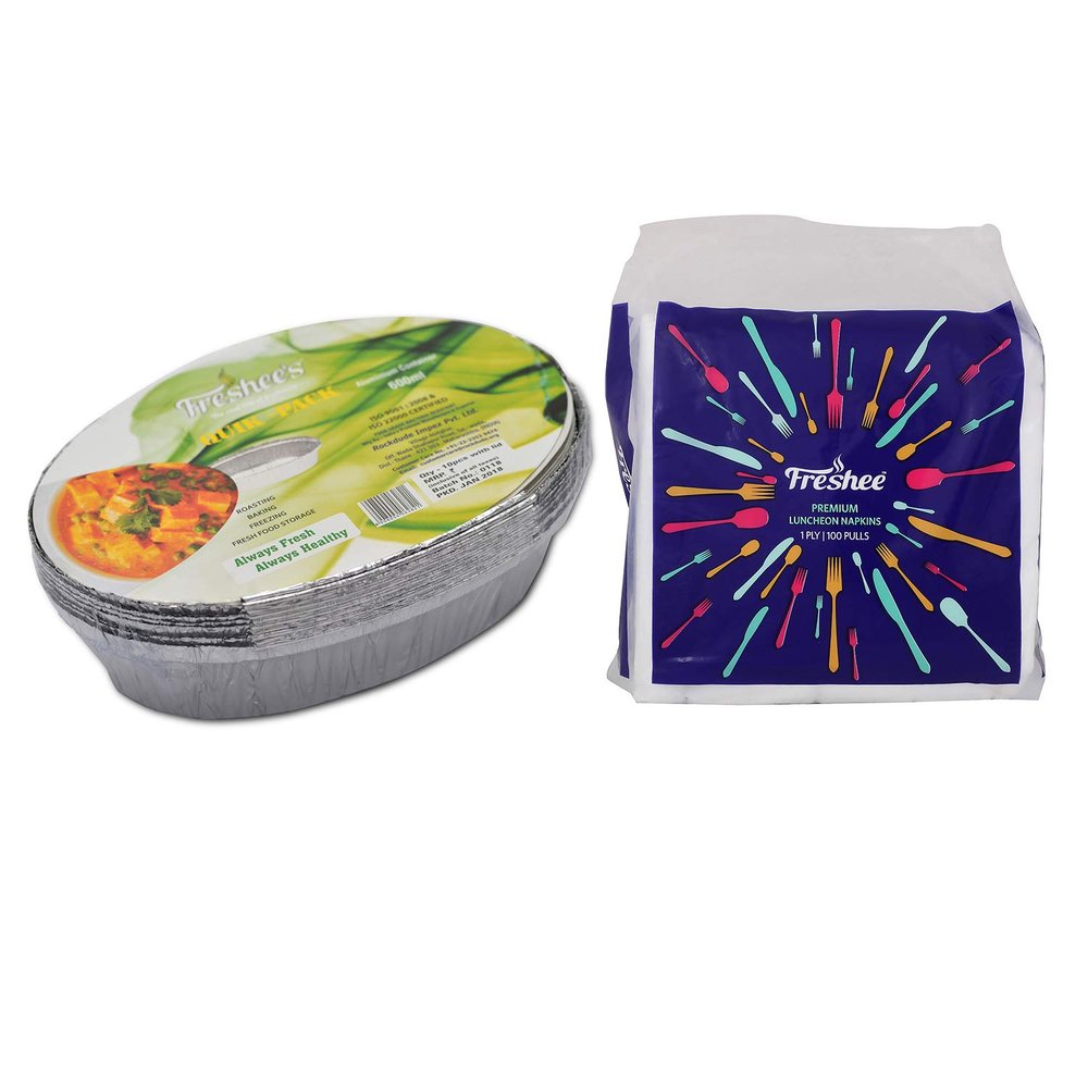 Freshee 600ml 10pcs Aluminium Foil Containers with Luncheon 1 Ply Tissue Paper Napkin 100 pulls