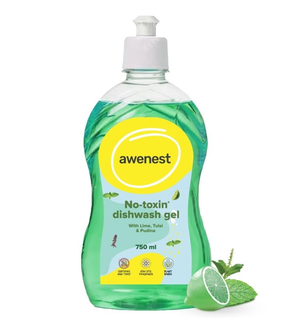 awenest No-Toxin Organic Dishwash Liquid Gel | India's 1st Sulphate-free Dishwash | Soft on Hands, Tough on Grease | Natural, Herbal, Eco-friendly, Plant-based | Lime, Tulsi, Pudina | 750 ml