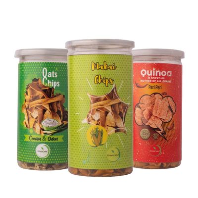 GREENLAND Protein Chips (Pack of 3, 135g Each) Healthy Snacks | Gluten Free | Rich in Protein | Zero Trans Fat | Flavor: Peri Peri Quinoa, Cream & Onion Oats, Makai
