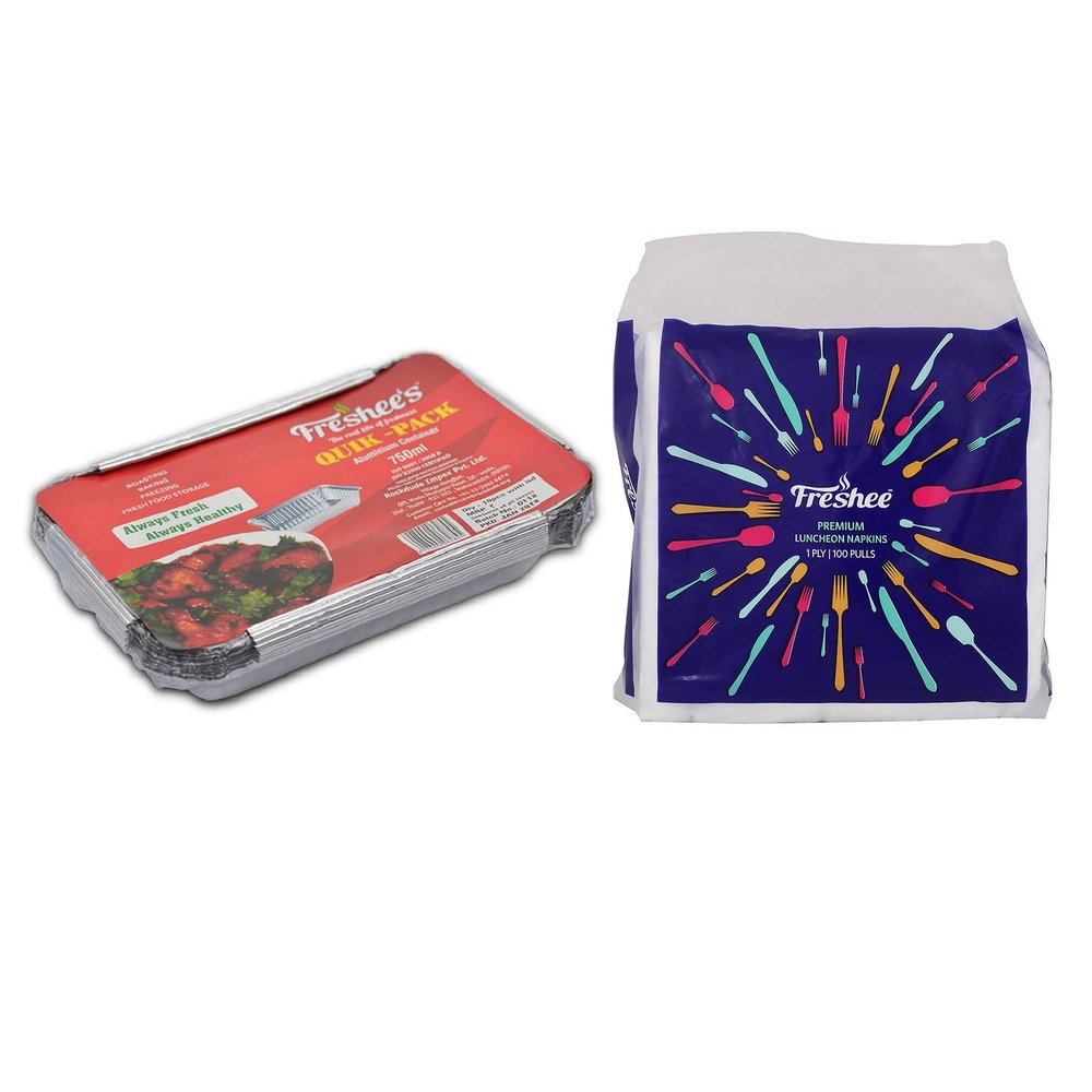 Freshee 750ml 10pcs Aluminium Foil Containers with Luncheon 1 Ply Tissue Paper Napkin 100 pulls