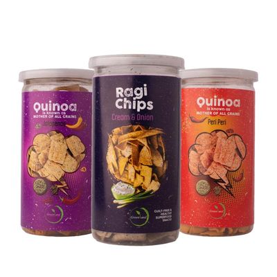 GREENLAND Protein Chips (Pack of 3, 135g Each) Healthy Snacks | Gluten Free | Rich in Protein | Zero Trans Fat | Flavor: Peri Peri Quinoa, Jalapenos Quinoa, Cream & Onion Ragi