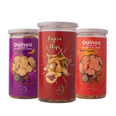 GREENLAND Protein Chips (Pack of 3, 135g Each) Healthy Snacks | Gluten Free | Rich in Protein | Zero Trans Fat | Flavor: Peri Peri Quinoa, Jalapenos Quinoa, Rajma