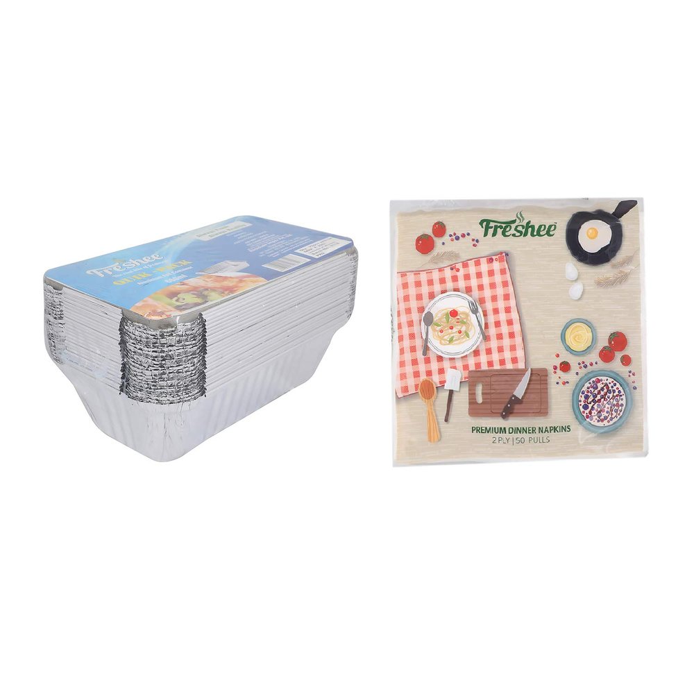 Freshee 660ml 25pcs Aluminium Foil Containers with 50 Pulls 2 Ply Dinner Napkin Tissue Paper