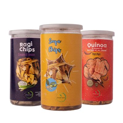 GREENLAND Protein Chips (Pack of 3, 135g Each) Healthy Snacks | Gluten Free | Rich in Protein | Zero Trans Fat | Flavor: Peri Peri Quinoa, Cream & Onion Ragi, Soya