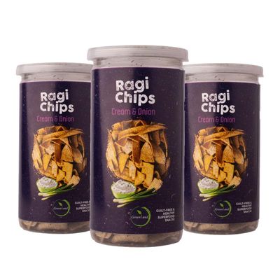 GREENLAND Protein Chips (Pack of 3, 135g Each) Healthy Snacks | Gluten Free | Rich in Protein | Zero Trans Fat | Flavor: Cream & Onion Ragi