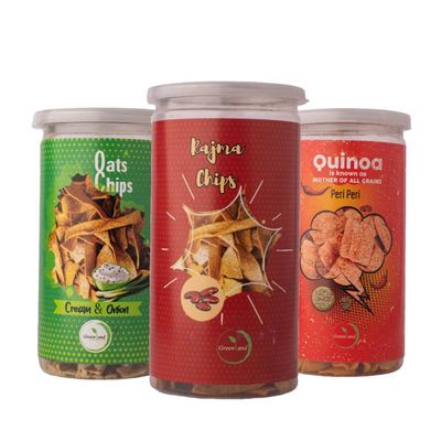 GREENLAND Protein Chips (Pack of 3, 135g Each) Healthy Snacks | Gluten Free | Rich in Protein | Zero Trans Fat | Flavor: Peri Peri Quinoa, Cream & Onion Oats, Rajma