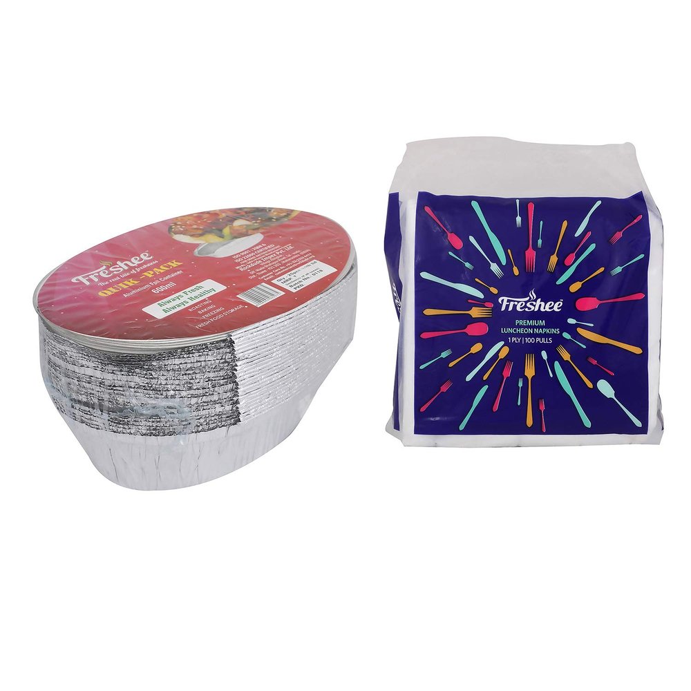 Freshee 600ml 25pcs Aluminium Foil Containers with Luncheon 1 Ply Tissue Paper Napkin 100 pulls