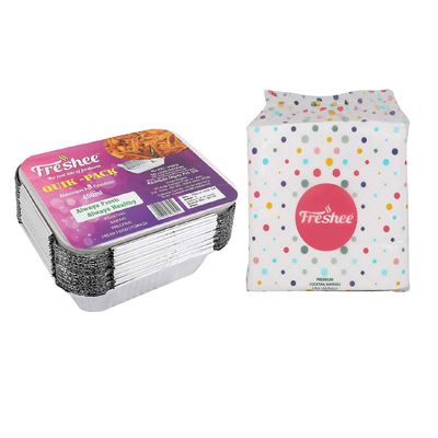 Freshee 25 pcs Aluminium Silver Foil Container 450ml with 50 Pulls 2 Ply Cocktail Napkin Tissue Paper