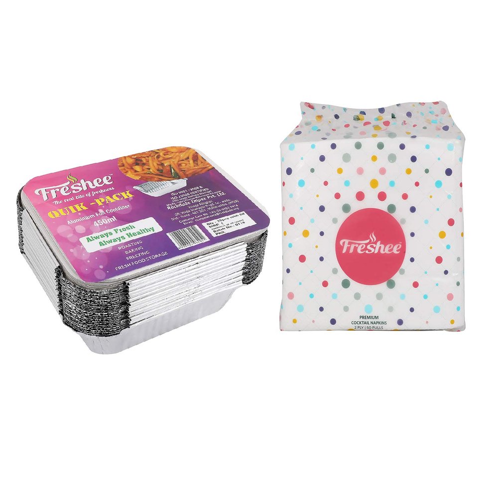 Freshee 25 pcs Aluminium Silver Foil Container 450ml with 50 Pulls 2 Ply Cocktail Napkin Tissue Paper