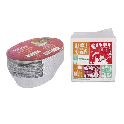 Freshee 25 pcs Aluminium Silver Foil Container 600ml with 50 Pulls 2 Ply Luncheon Napkin Tissue Paper