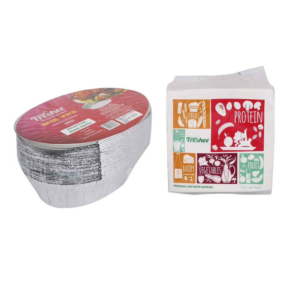 Freshee 25 pcs Aluminium Silver Foil Container 600ml with 50 Pulls 2 Ply Luncheon Napkin Tissue Paper