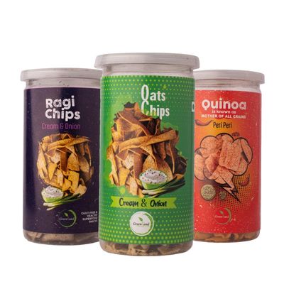 GREENLAND Protein Chips (Pack of 3, 135g Each) Healthy Snacks | Gluten Free | Rich in Protein | Zero Trans Fat | Flavor: Peri Peri Quinoa, Cream & Onion Ragi, Cream & Onion Oats
