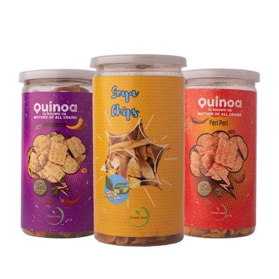 GREENLAND Protein Chips (Pack of 3, 135g Each) Healthy Snacks | Gluten Free | Rich in Protein | Zero Trans Fat | Flavor: Peri Peri Quinoa, Jalapenos Quinoa, Soya