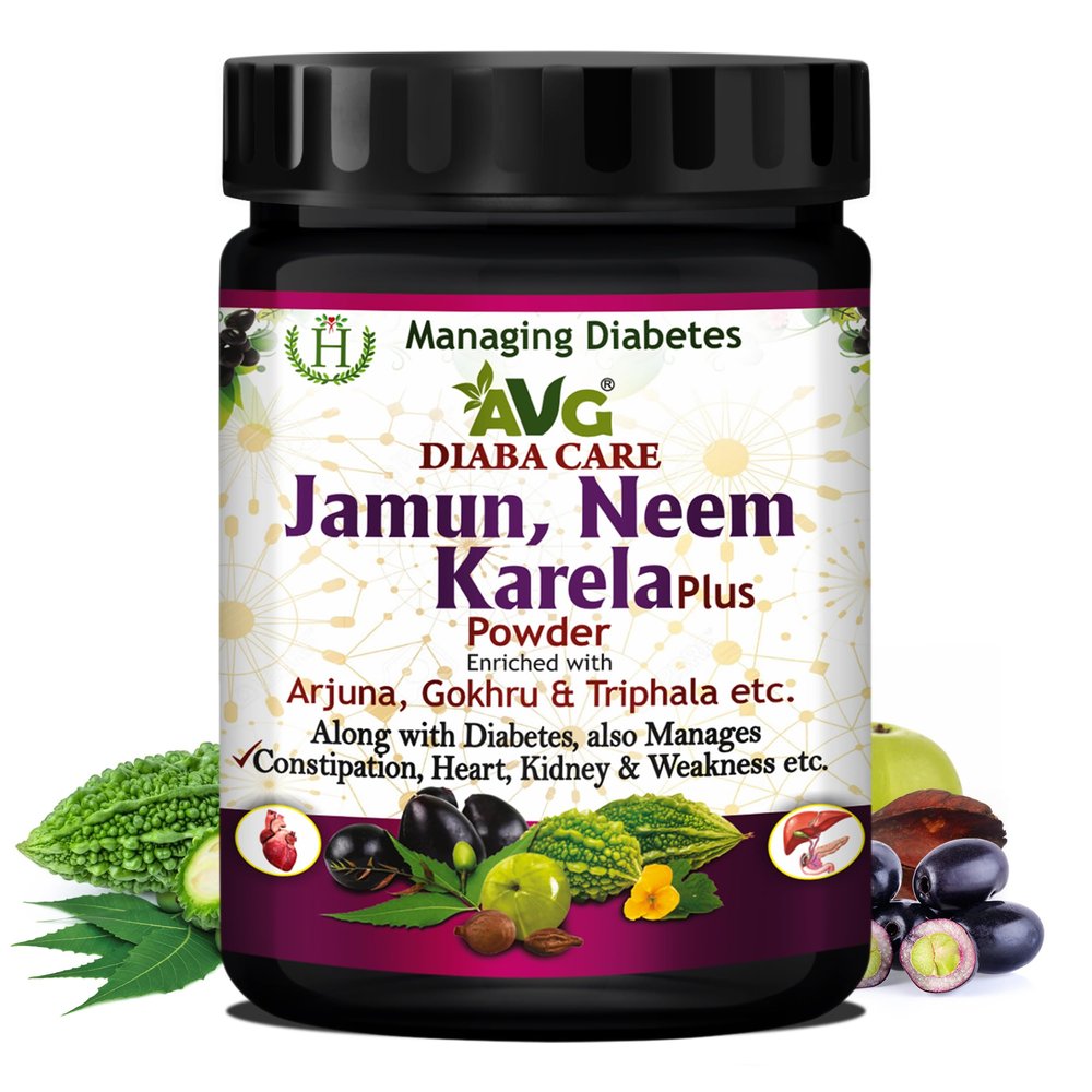 AVG Health Organics Diaba Care Karela Jamun Neem Powder 200g, Diabetes Control Ayurvedic Supplement with Arjuna, Gokhru & Triphala, Helps in Relieving Constipation