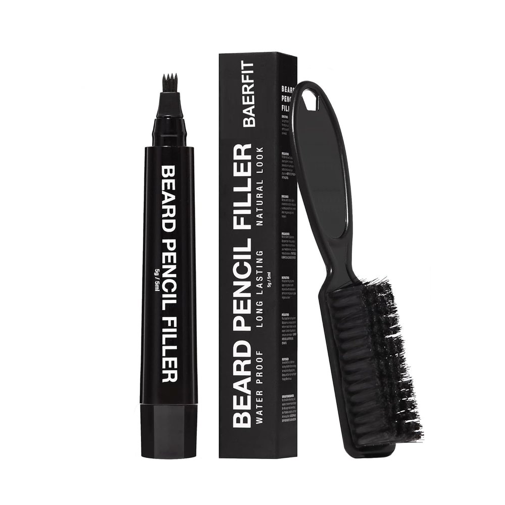 BAERFIT Beard Men's Waterproof Beard Filling Pen With Brush Beard Color Pencil Long-Lasting Natural Coverage,Repair Beard Shape,Moustache Colour,And Eyebrows Bristle Beard Brush (Black),1