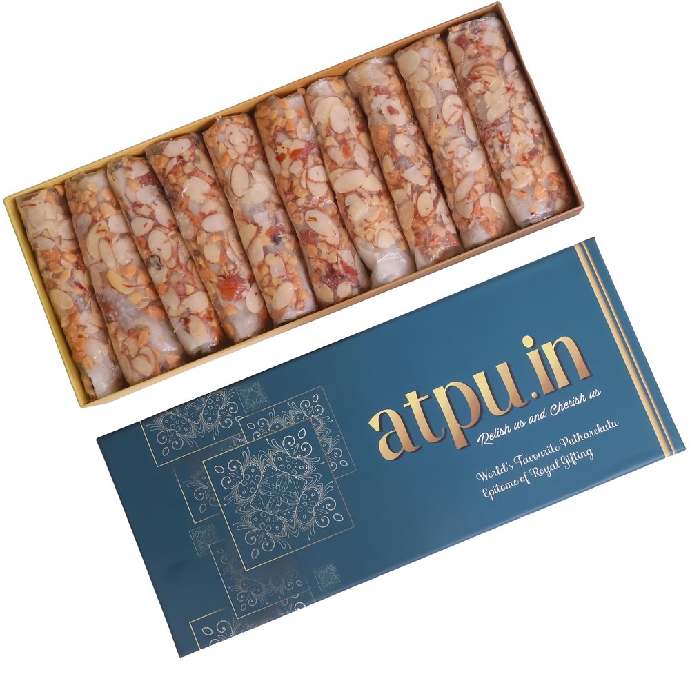 ATPU.IN Atreyapuram Sugar Dry Fruits Putharekulu (Papersweet) | Delicious South Indian Snack | Gi Tagged Mithai | Premium Sweet Gift Hamper | (Kaju Badam, 5 Pcs Box X 2 (280 Gram))