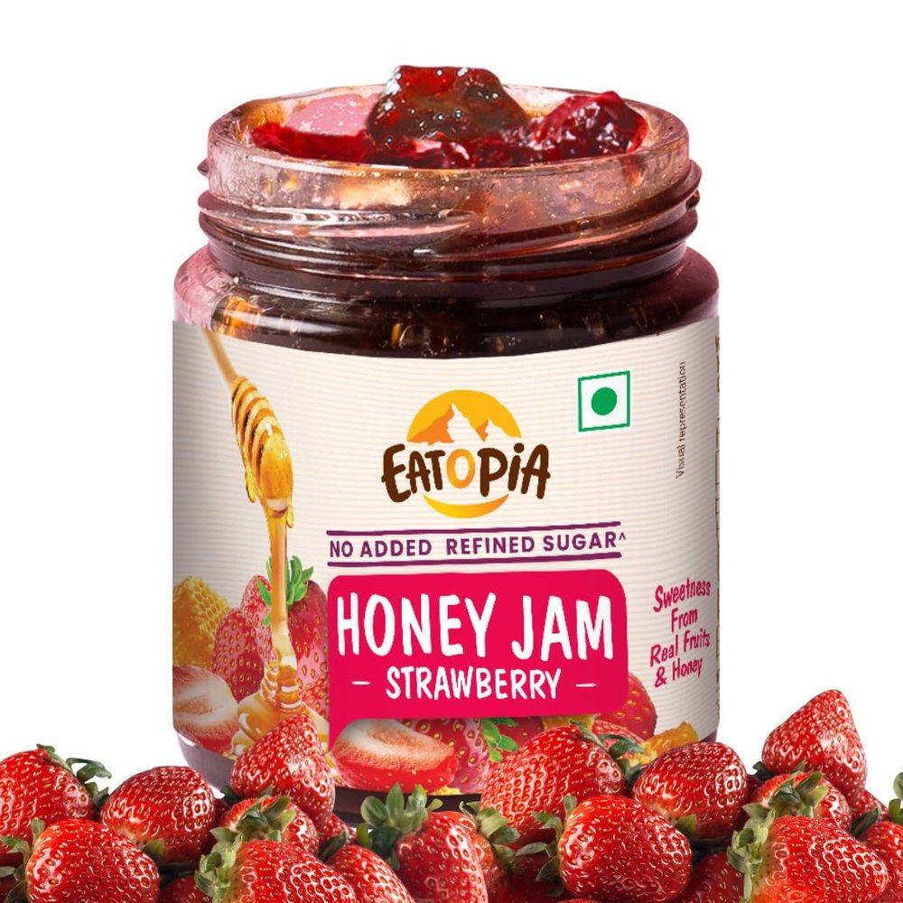 Eatopia Sugar Free Strawberry Honey Jam | 100% Pure & Natural | Healthy Jam for Kids & Adults | No Added Flavours & Preservatives | 70% Strawberries & Wild Honey | Good for Gut Health | Pack of 1-240g