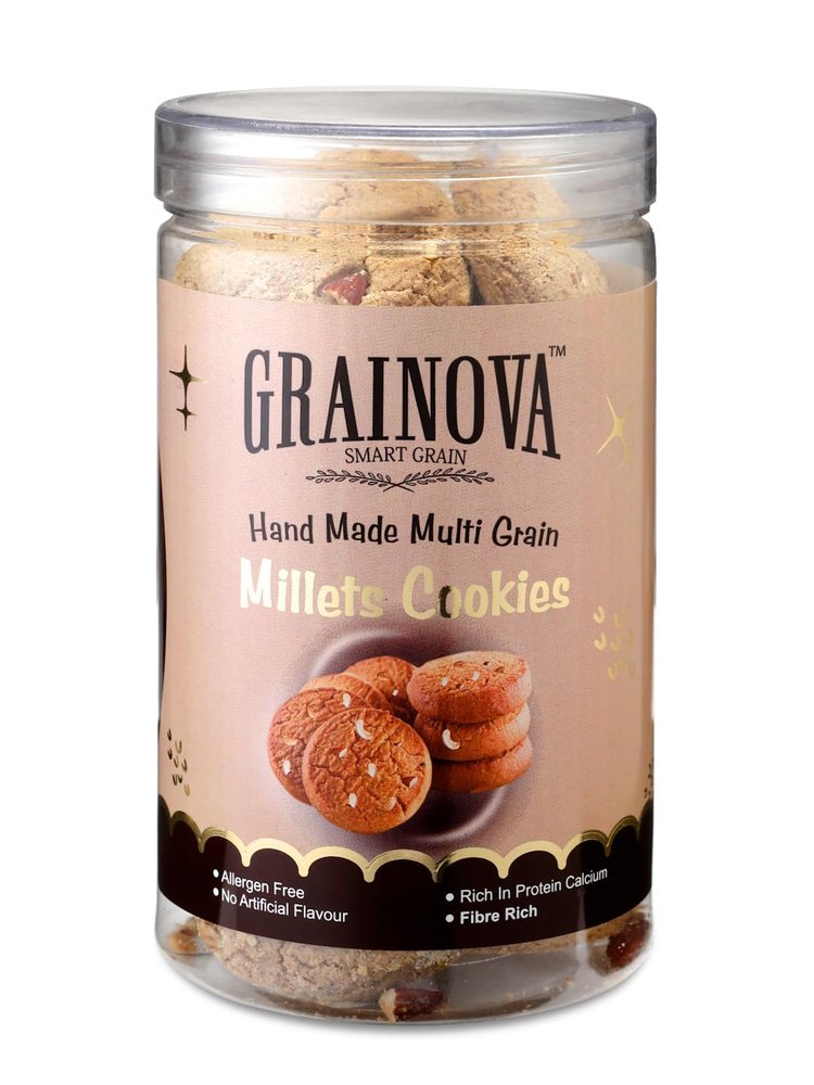 GRAINOVA Multi Millet Cookies | Ready to Eat Cookies | Millet Cookies | Jaggery Millet Cookies | Rich in Fiber & Immunity | Healthy Snack | Tea Snack | Tasty Cookies | Premium Cookies - Pack Of 1, 250 Gms