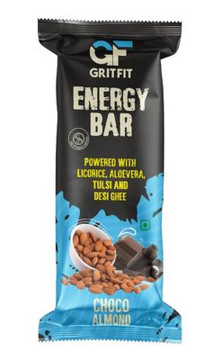 GRITFIT Superfood Choco Almond 40 grams Energy Bar [Pack of 1], 3.62g Protein and 2.87g Fiber Per Bar, Nutrient-Rich Snack, No Preservatives, Cholesterol or Trans Fats, 100% Veg for Energy & Immunity