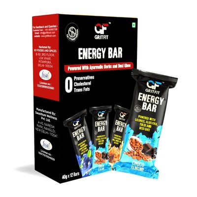 GRITFIT Superfood Choco Almond 40 grams Energy Bar (Pack of 12), 3.62g Protein and 2.87g Fiber Per Bar, Nutrient-Rich Snack, No Preservatives, Cholesterol or Trans Fats, 100% Veg for Energy & Immunity