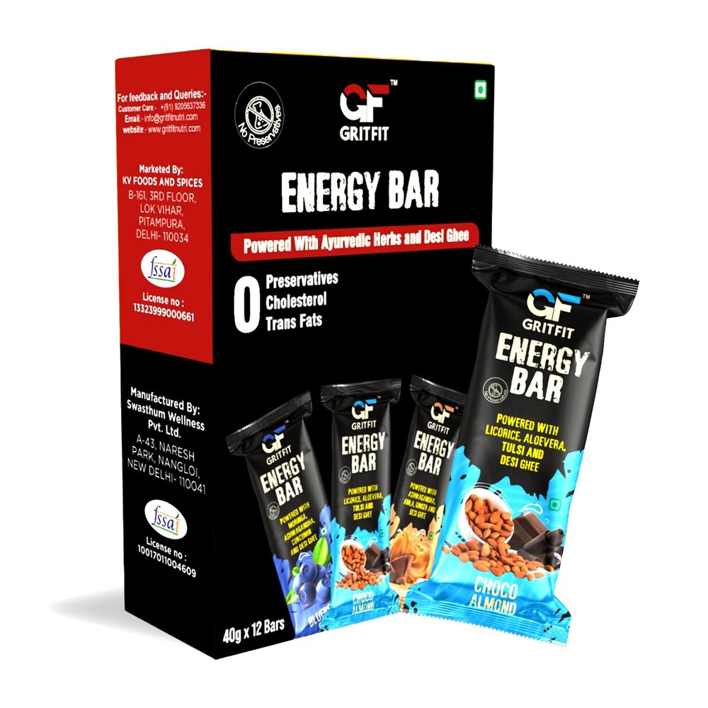 GRITFIT Superfood Choco Almond 40 grams Energy Bar (Pack of 12), 3.62g Protein and 2.87g Fiber Per Bar, Nutrient-Rich Snack, No Preservatives, Cholesterol or Trans Fats, 100% Veg for Energy & Immunity