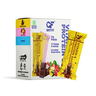 GRITFIT Choco Crunch Protein Bar [Pack of 6]  21g Protein, 15 Vitamins & Minerals, 100% Veg, No Preservatives, No Cholesterol or Trans Fats, 60g Each  Energy & Immunity Boosting Sports Nutrition
