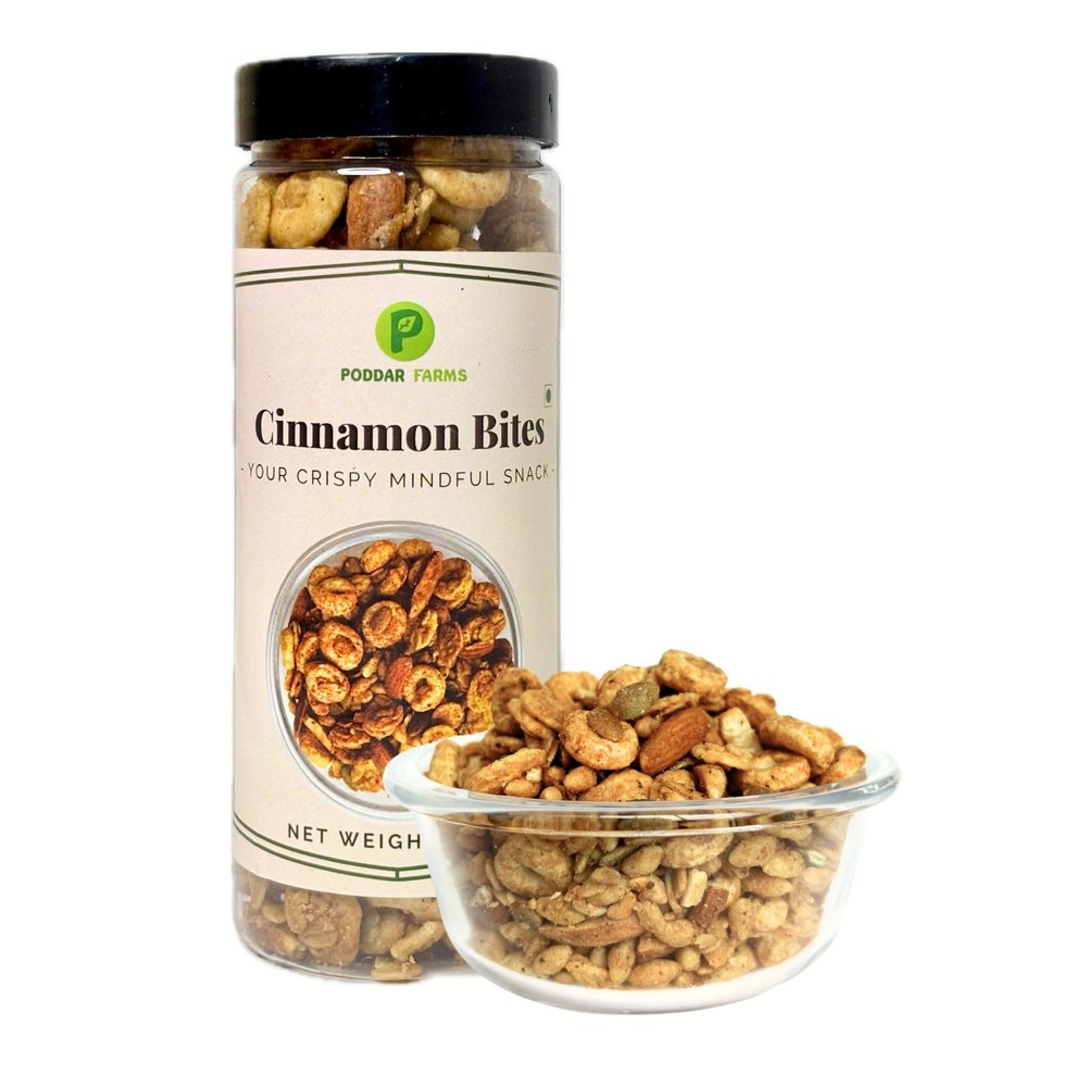 PODDAR FARMS Baked Cinnamon Bites | Crunchy Rice, Oats, and Corn Puffs Infused with Almonds, Pumpkin Seeds, and Honey | Wholesome, Healthy Snacking for Mindful Eating | Perfect for Breakfast, Midday Energy, or Guilt-Free Treats | 120 Grams