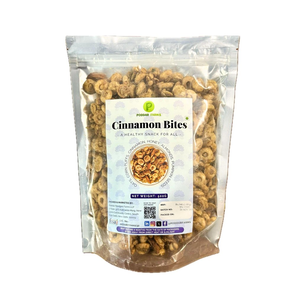 PODDAR FARMS Baked Cinnamon Bites | Rice, Oats and Corn Puffs with Almonds, Pumpkin Seeds and Honey | Healthy snacking | Mindful Eating | 500 Grams | Refill Pack