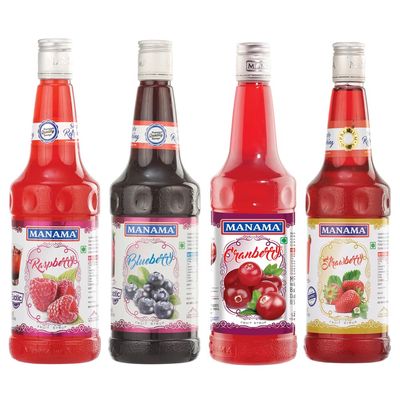 Manama Raspberry, Blueberry, Cranberry and Strawberry Syrup, 750ML Each, Mixer for Mocktails, Cocktails, Drinks, Juices, Beverages, Pack of 4