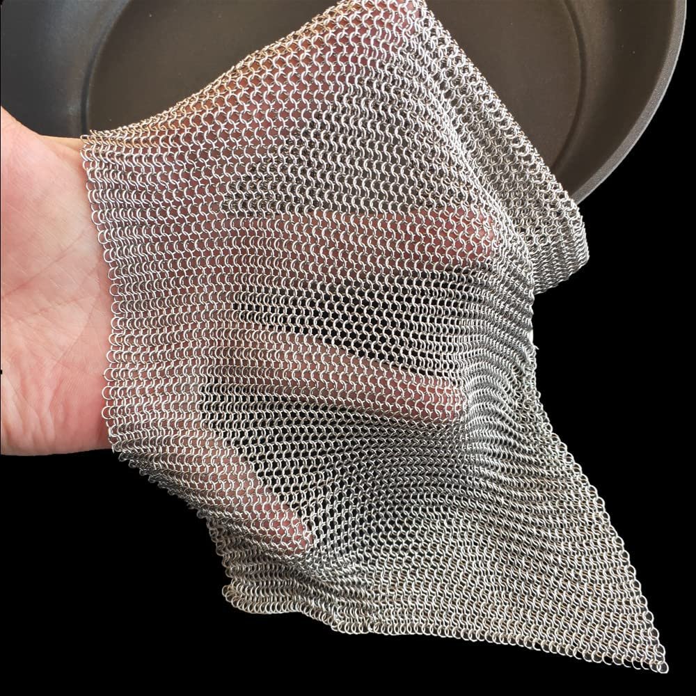 Cast Iron Cleaner - 6''X6'' Upgraded Thin and Small Circle 3.8mm Diameter, Premium 316L Stainless Steel Chainmail Brush - Durable Scraper for Skillet, Woks, Pots, Pan, Griddles and Containers