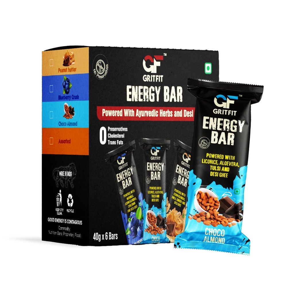 GRITFIT Superfood Choco Almond 40 grams Energy Bar [Pack of 6], 3.62g Protein and 2.87g Fiber Per Bar, Nutrient-Rich Snack, No Preservatives, Cholesterol or Trans Fats, 100% Veg for Energy & Immunity