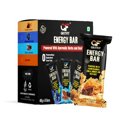 GRITFIT Superfood 40 grams Energy Bar Peanut Butter [Pack of 6], 3.66g Protein & 2.41g Fiber Per Bar, Nutrient-Rich Snack, No Preservatives, Cholesterol or Trans Fats, 100% Veg for Energy & Immunity
