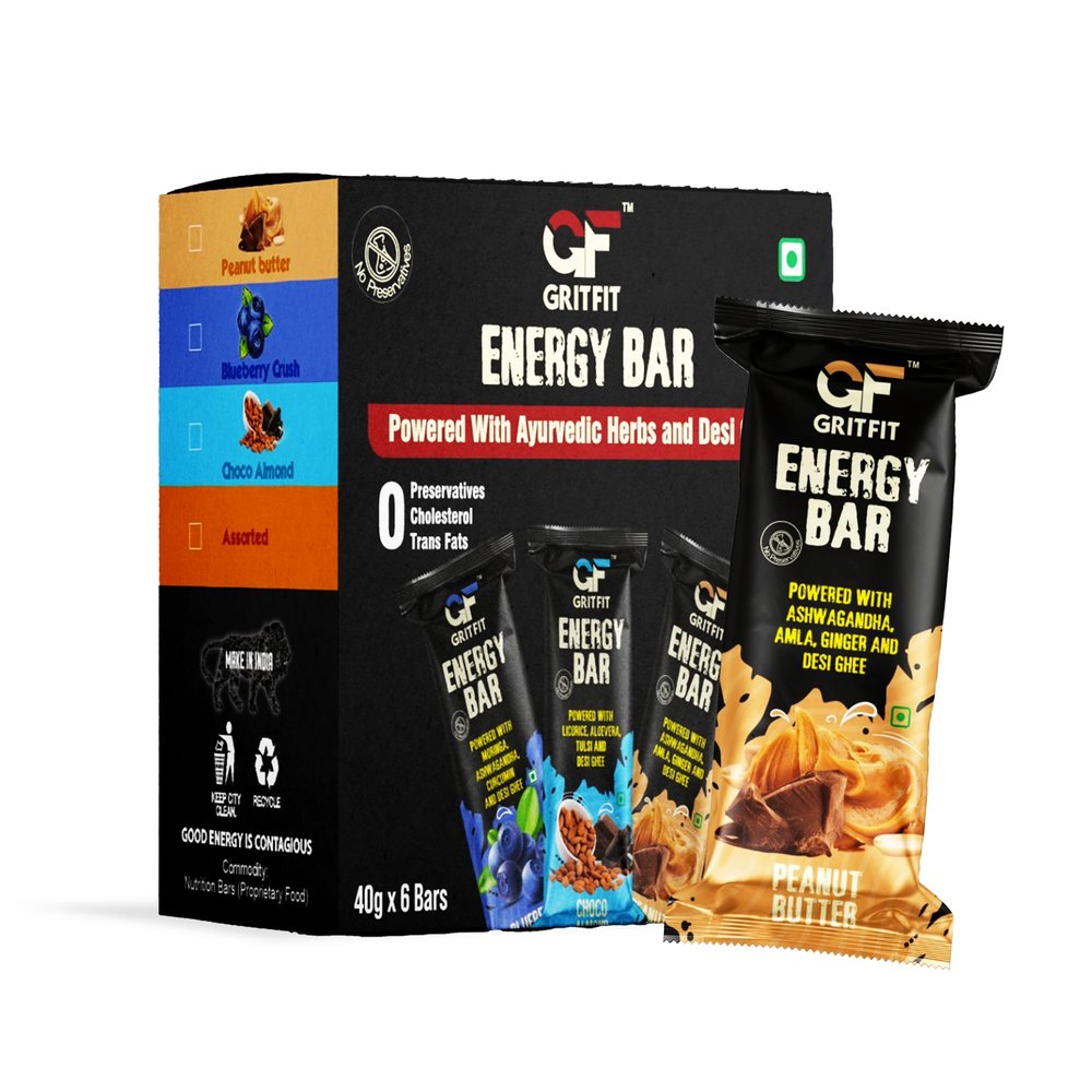 GRITFIT Superfood 40 grams Energy Bar Peanut Butter [Pack of 6], 3.66g Protein & 2.41g Fiber Per Bar, Nutrient-Rich Snack, No Preservatives, Cholesterol or Trans Fats, 100% Veg for Energy & Immunity