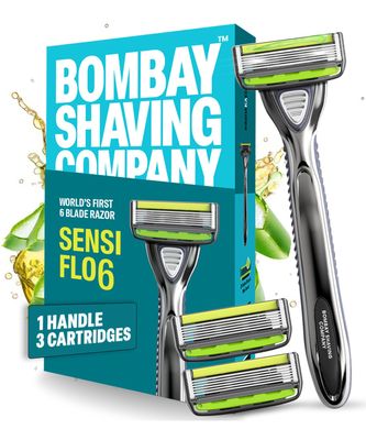 Bombay Shaving Company Sensi Flo 6 Value Pack (Handle + 3 Blades Cartridge) | Up To 4 Months Of Shaves |World's First 6 Blade Razor for men, Trimmer Blade, Skin Guard With Aloe And Vit E Lubra Strip